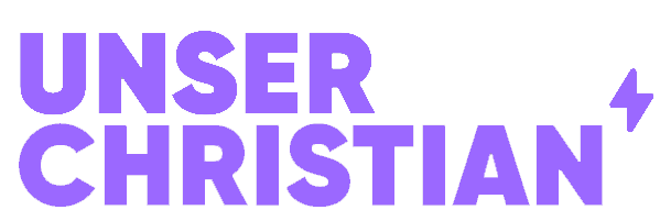 Der Text 'UNSER CHRISTIAN' in großen, lila Buchstaben auf weißem Hintergrund