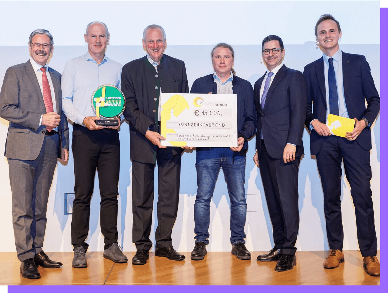 Gruppenfoto bei der Übergabe des 1. Platzes des Raiffeisen Genius Award 2024 an Regios. Zu sehen sind (v.l.n.r.): Mag. Erwin Hameseder, Norbert Miesenberg, Josef Sacher, Klaus Pichlbauer, Dr. Johannes Rehulka und Manuel Hanselmann.